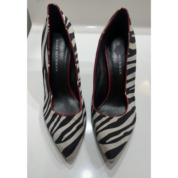 DANA BUCHMAN Zebra Print Red Trim Women’s Size 9 3.5 Inch Red Heel Sexy - Picture 1 of 6